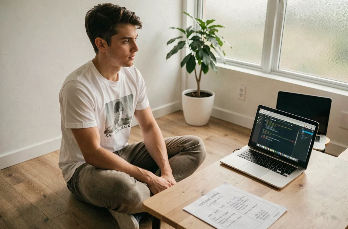 Étudiant en cybersécurité utilisant deux ordinateurs pour diagnostiquer et réparer une installation Kali Linux cassée