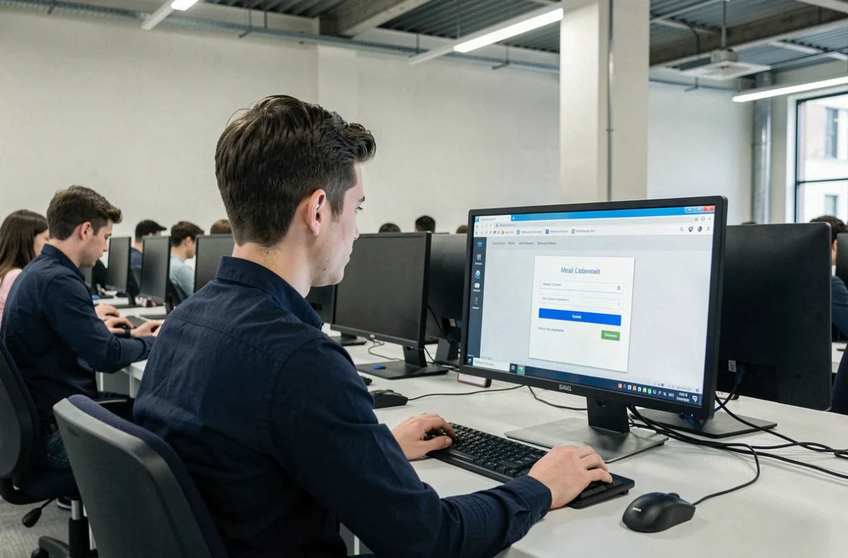 Étudiant masculin accédant à sa messagerie universitaire Nantes sur un poste informatique en salle informatique