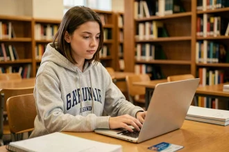 Étudiante se connectant au webmail de l'Université de Nantes sur un ordinateur portable en bibliothèque