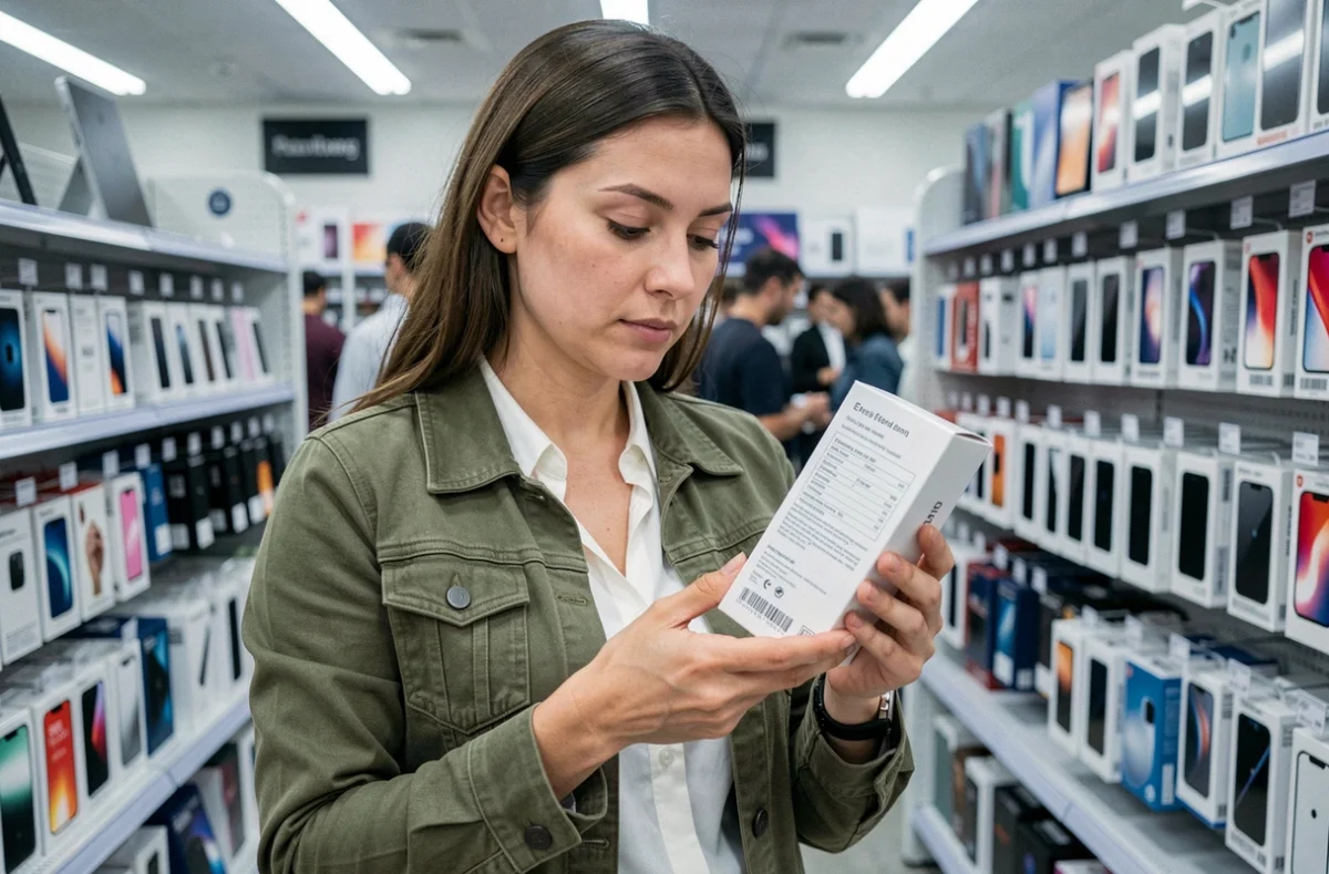 Femme analysant les caractéristiques techniques d'un smartphone dans un magasin d'électronique pour éviter les erreurs d'achat