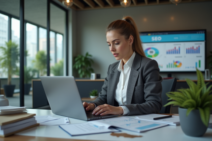 Femme d'affaires analysant des graphiques KPI sur son ordinateur