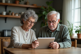 Femme aidant son père à utiliser une tablette dans la cuisine
