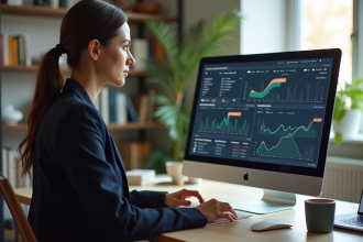 Jeune femme professionnelle analysant des données SEO sur un ordinateur