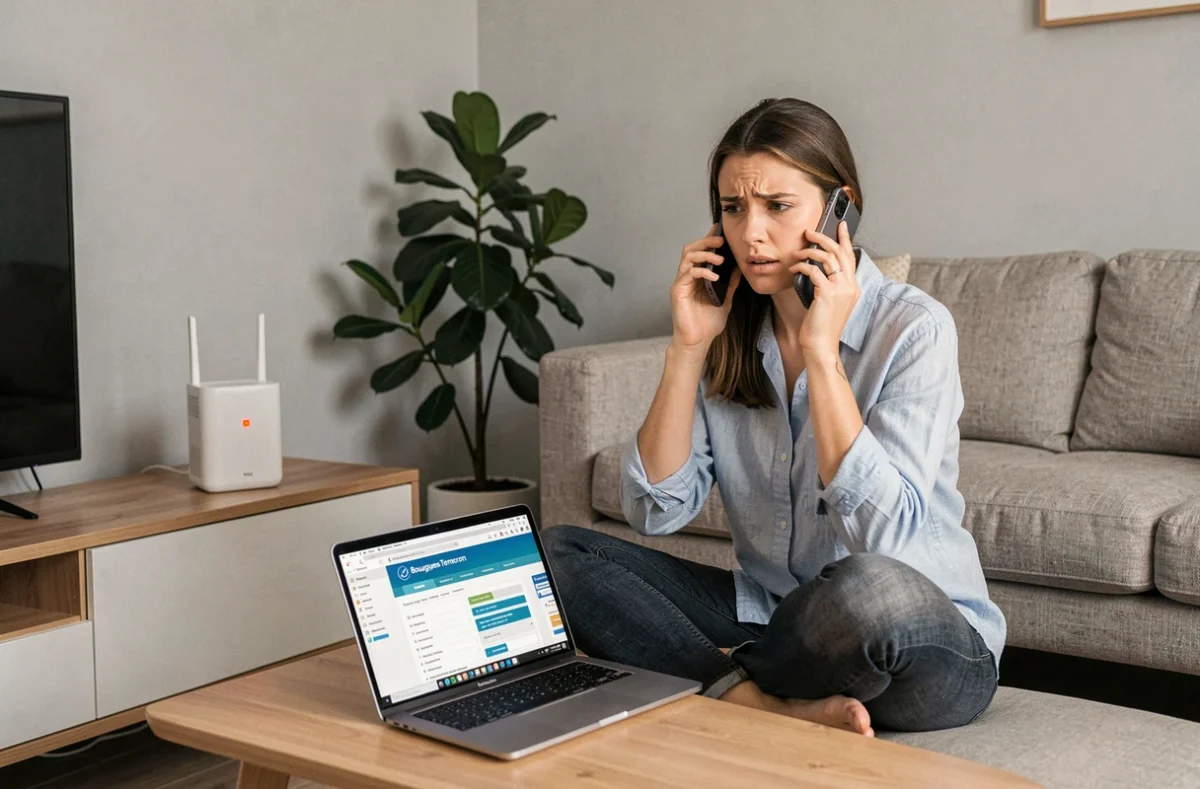 Jeune femme appelant le service client Bouygues Telecom pour un problème de Bbox avec code erreur S1