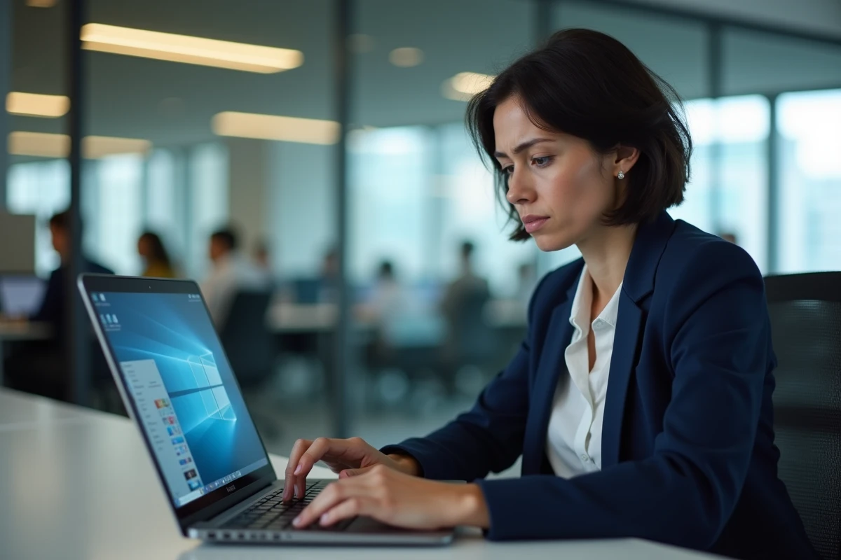 Femme frustrée face à un bug système sur son ordinateur portable en open space, avec une boîte de dialogue d'erreur visible à l'écran
