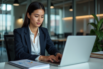 Femme en bureau analysant un tableau de bord marketing