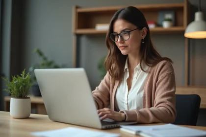 Femme au bureau vérifiant ses emails sur un ordinateur portable