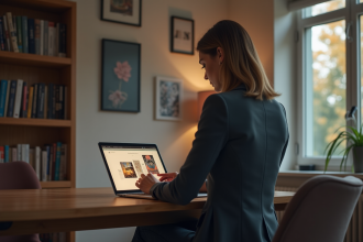 Femme au bureau compare deux sites d'affiches sur son laptop
