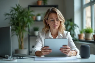 Femme d'âge moyen concentrée sur une tablette dans un bureau moderne