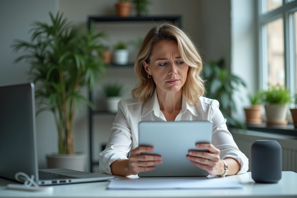 Femme d'âge moyen concentrée sur une tablette dans un bureau moderne
