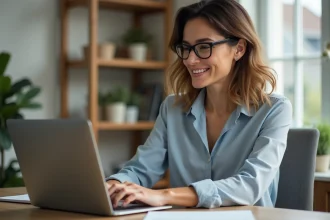 Femme professionnelle en télétravail dans son bureau à domicile