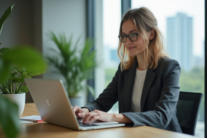 Jeune femme en blazer travaillant sur son ordinateur dans un bureau moderne