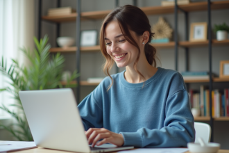 Jeune femme au bureau avec ordinateur portable et sourire