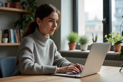 Jeune femme concentrée travaillant sur son ordinateur dans un bureau moderne