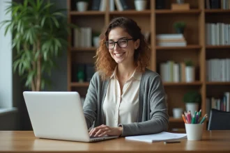 Femme souriante utilisant un ordinateur dans un bureau moderne
