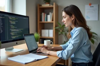 Femme concentrée travaillant sur son ordinateur dans un bureau lumineux