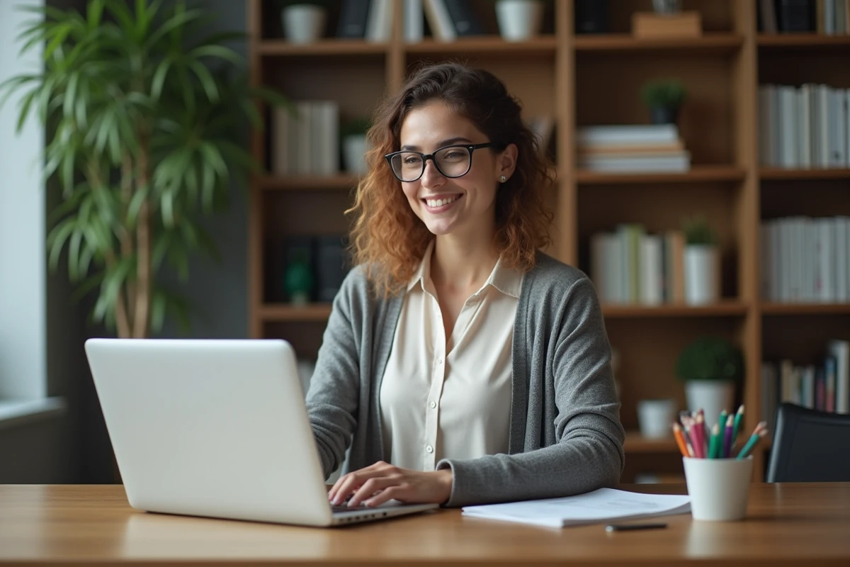 Femme souriante utilisant un ordinateur dans un bureau moderne