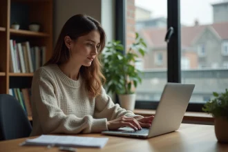Femme au bureau moderne utilisant un ordinateur portable pour consulter ses mails