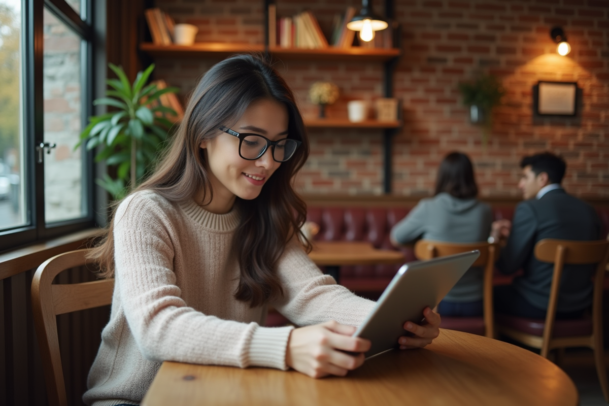 Jeune femme dans un café regardant un tablet avec réseaux wifi