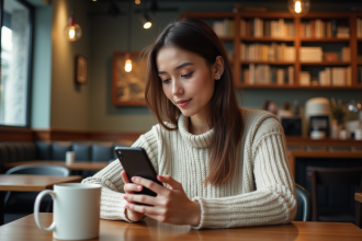 Jeune femme au café utilisant son smartphone