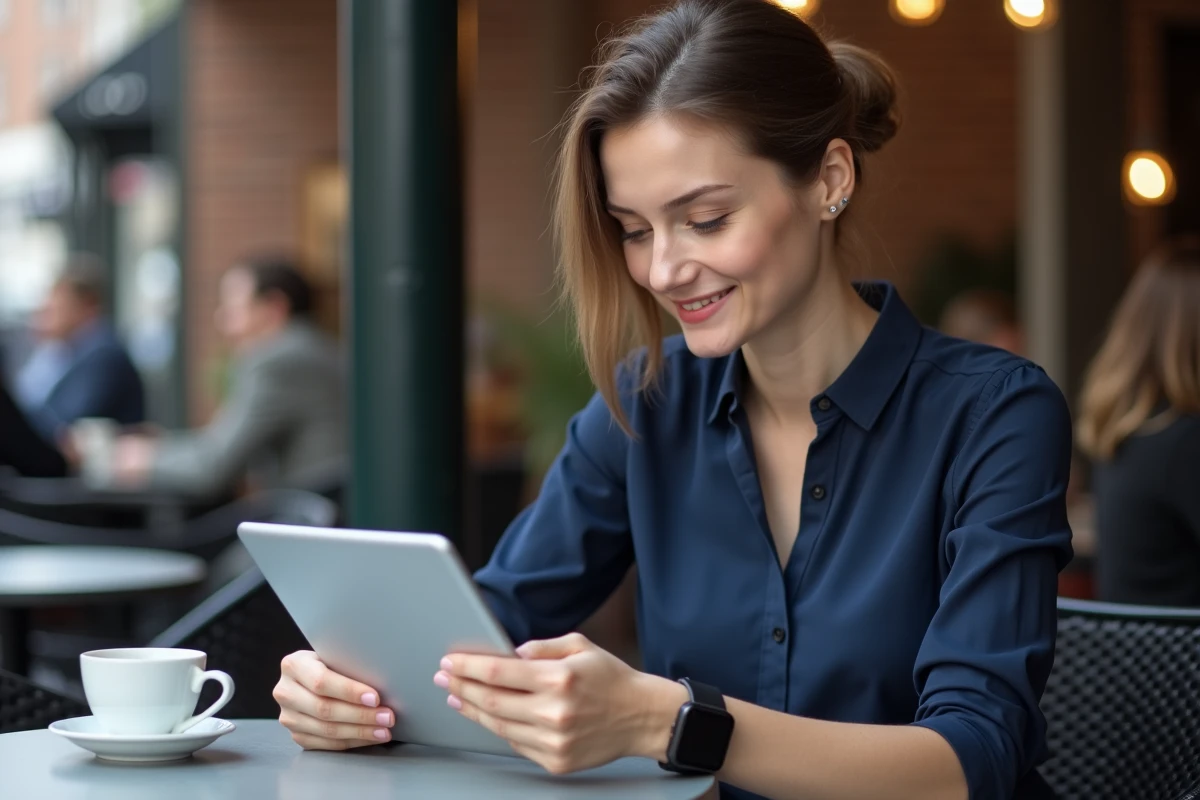 Femme au café utilisant tablette et montre connectée