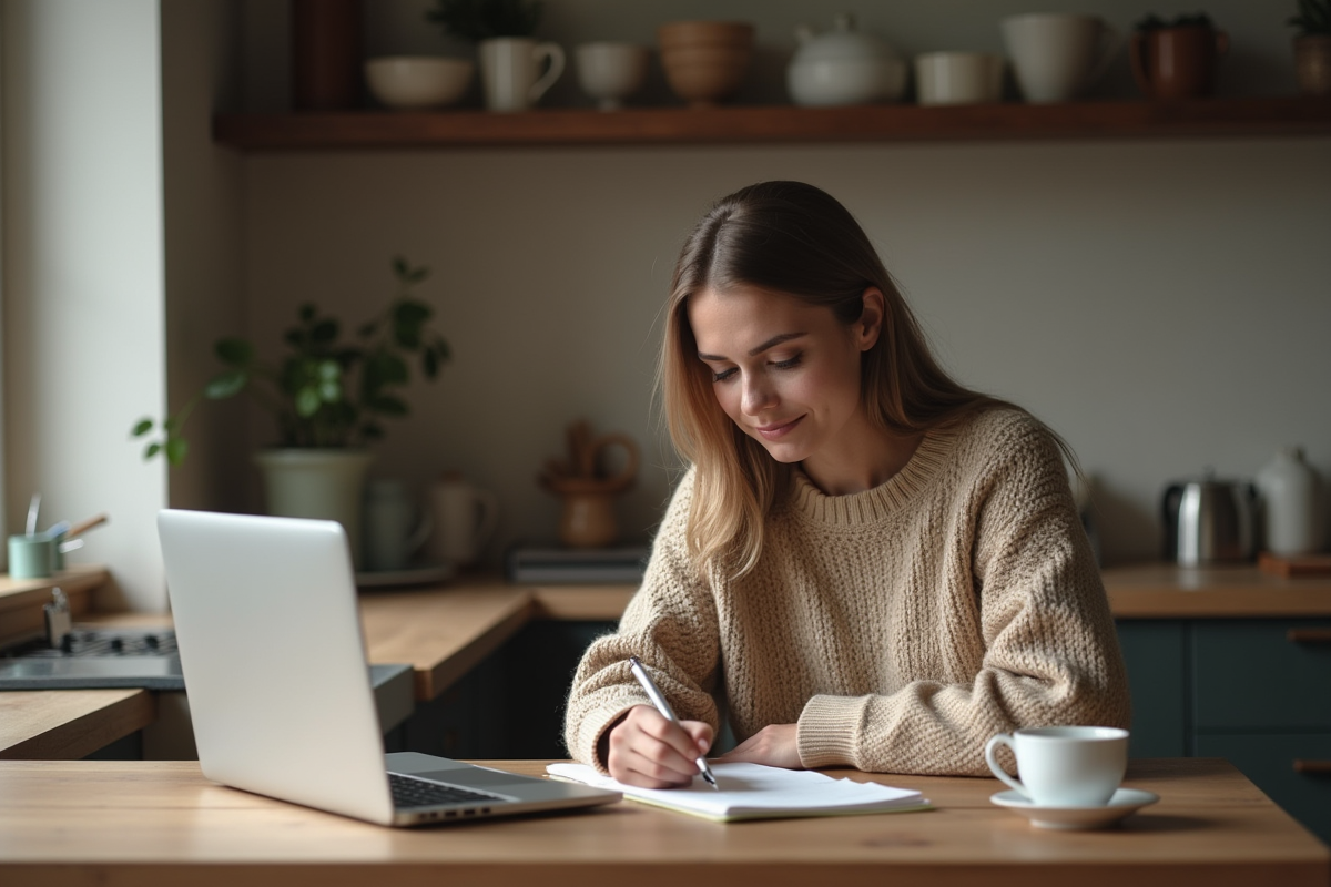 Femme en cuisine prenant des notes dans un carnet