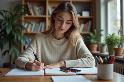 Jeune femme choisissant un stylo pour écrire