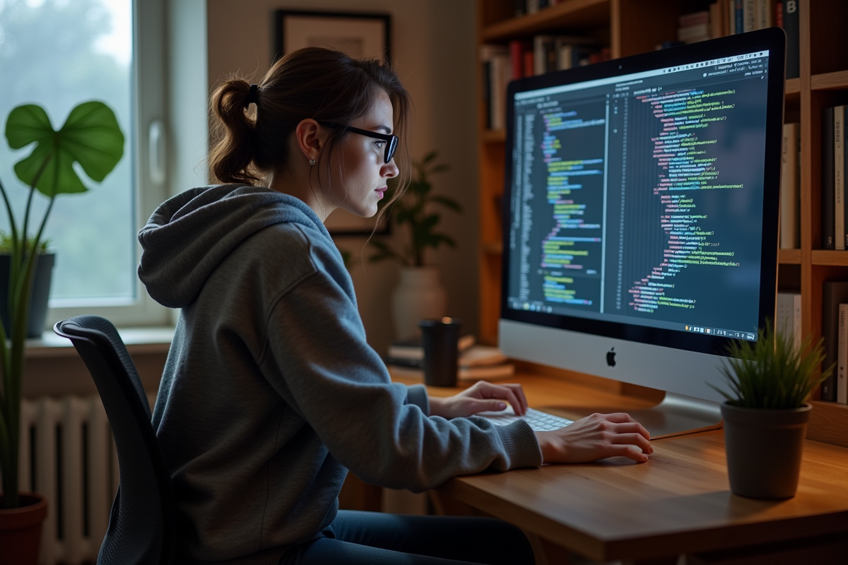 Femme en hoodie codant sur son ordinateur dans un salon chaleureux