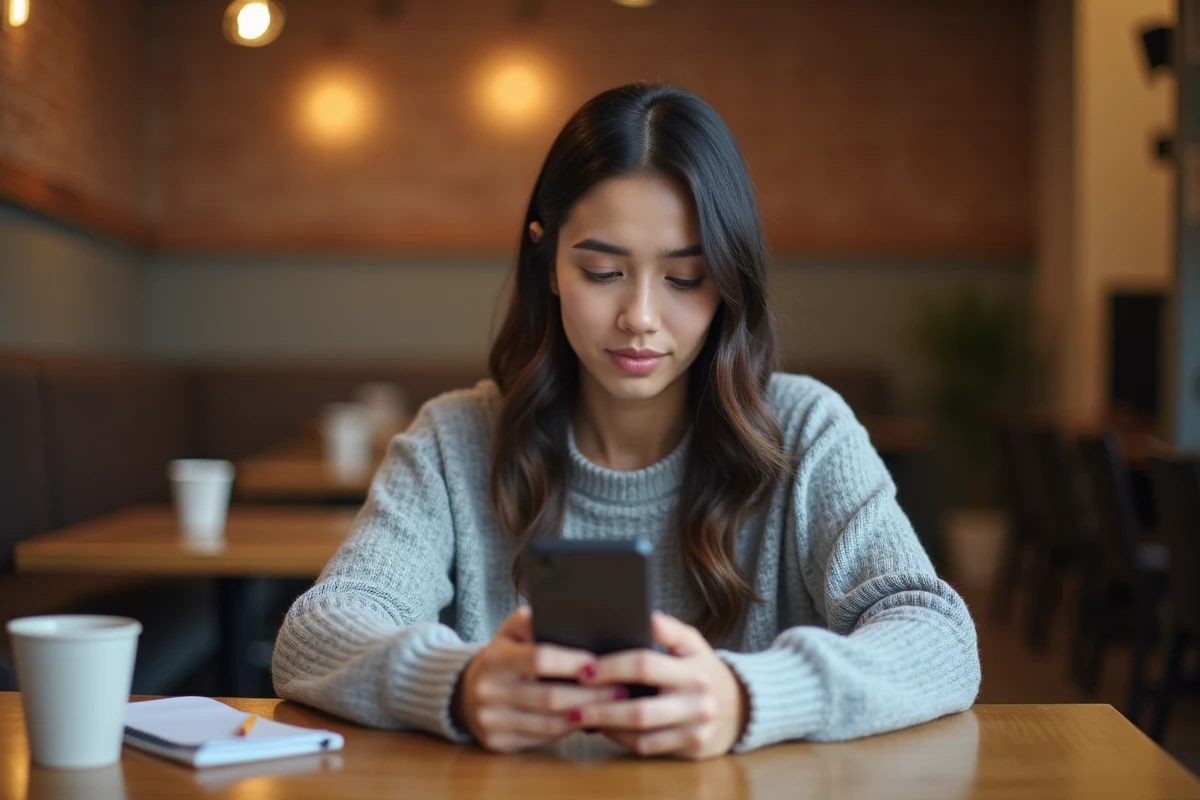 Femme comparant deux smartphones Samsung dans un café avec bloc-notes et tasse de café sur une table en bois