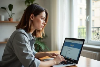 Femme configurant Google USA sur Chrome dans un appartement parisien