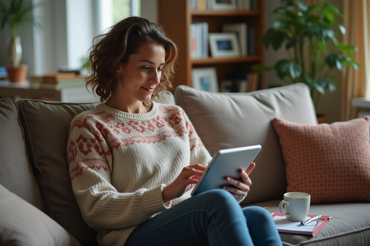 Femme d age moyen regardant playlist sur tablette