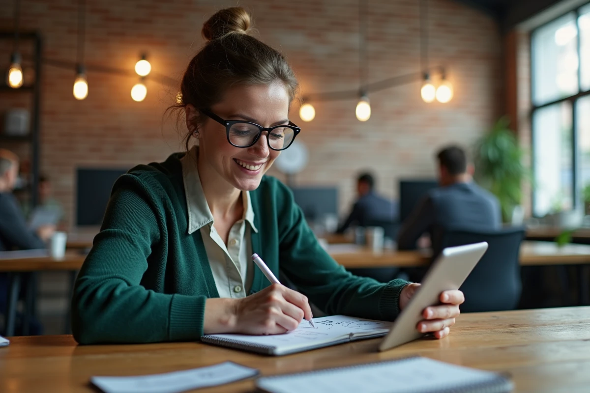 Femme en coworking analysant des notes sur une tablette