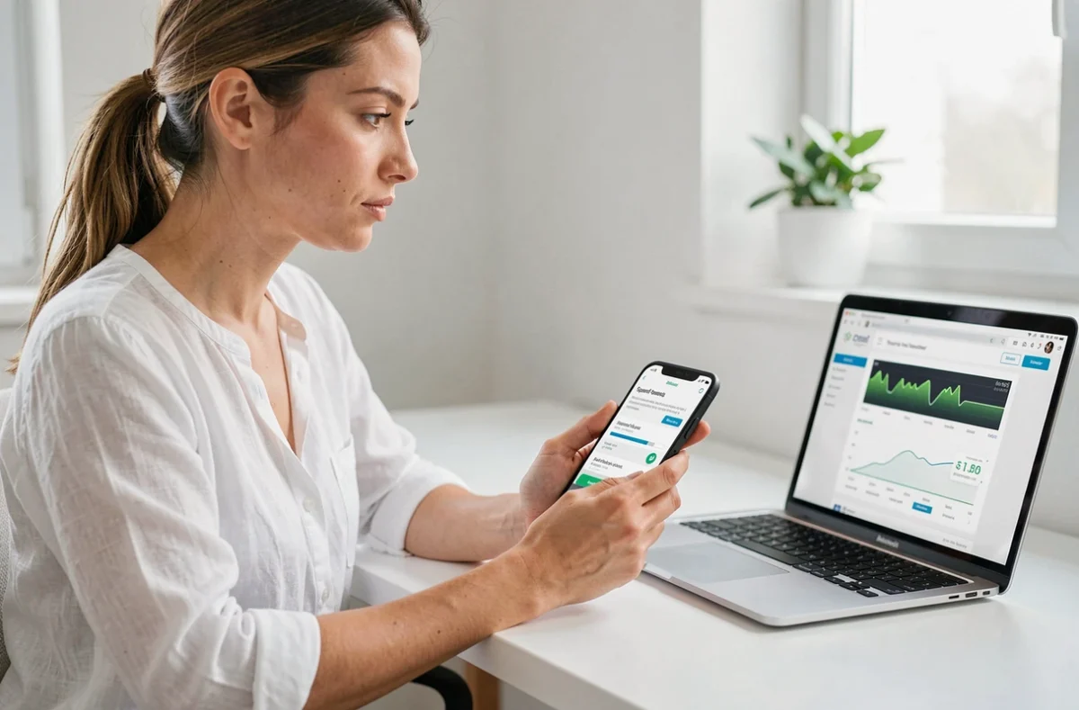 Femme diagnostiquant un problème de débit internet avec smartphone et ordinateur portable dans un bureau à domicile