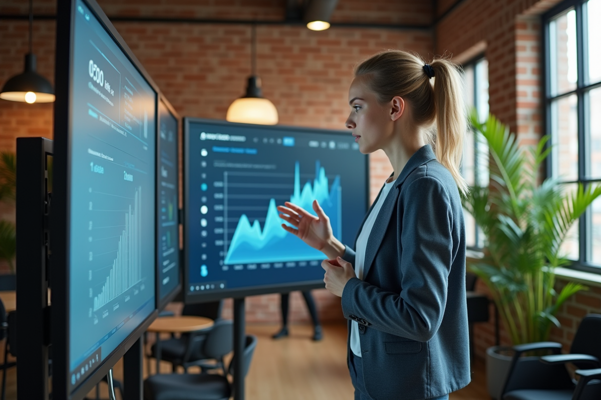 Femme expliquant un graphique analytique dans un coworking
