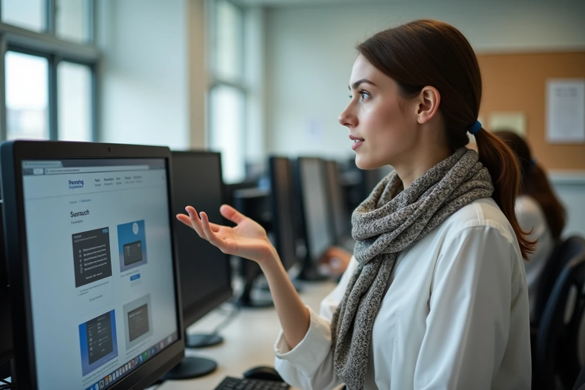 Jeune femme en blouse expliquant des alternatives logicielles