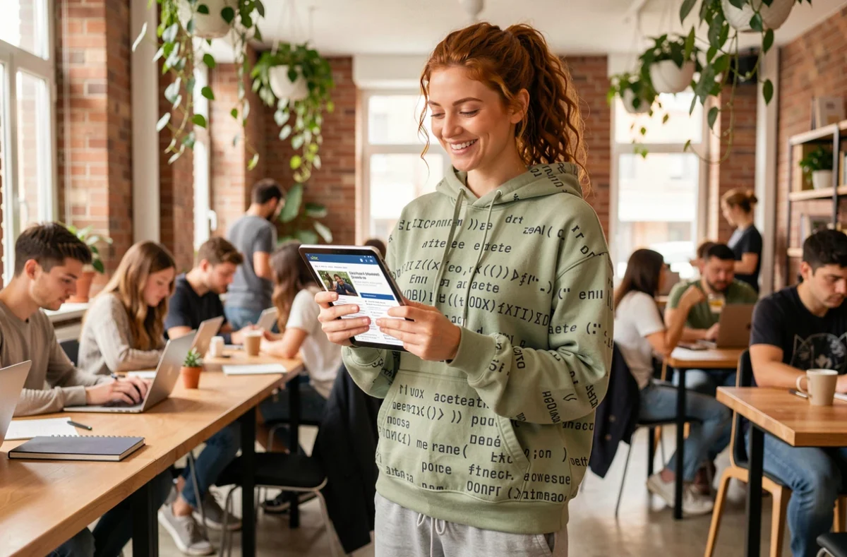 Jeune femme geek francophone consultant des tendances tech sur tablette dans un espace de coworking moderne