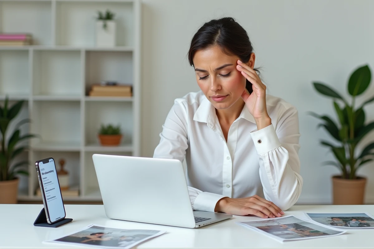 Femme stressée consultant les paramètres iCloud pour récupérer des photos supprimées au bureau
