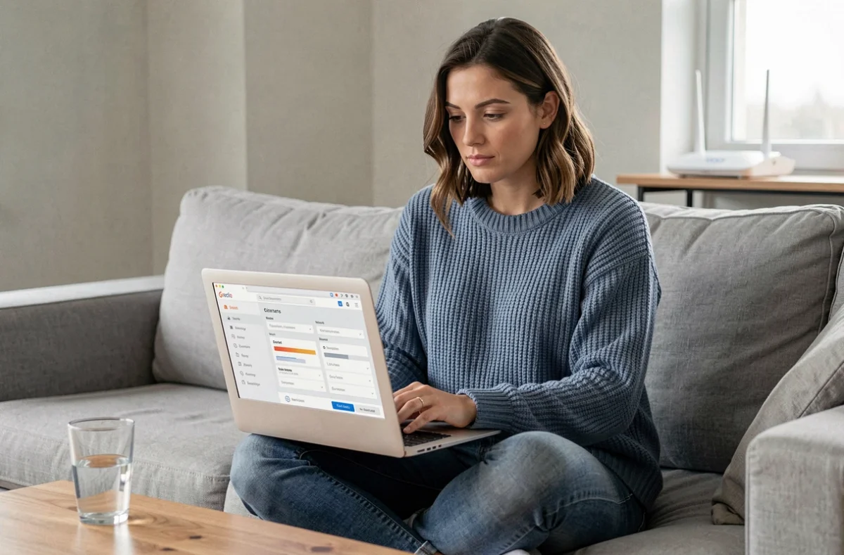 Femme consultant l'interface de sa Freebox sur ordinateur portable pour récupérer le mot de passe WiFi