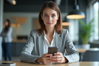 Femme en blazer gris consultant sa messagerie Melanie sur smartphone au bureau