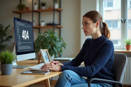 Jeune femme surprise devant un message 404 sur son ordinateur