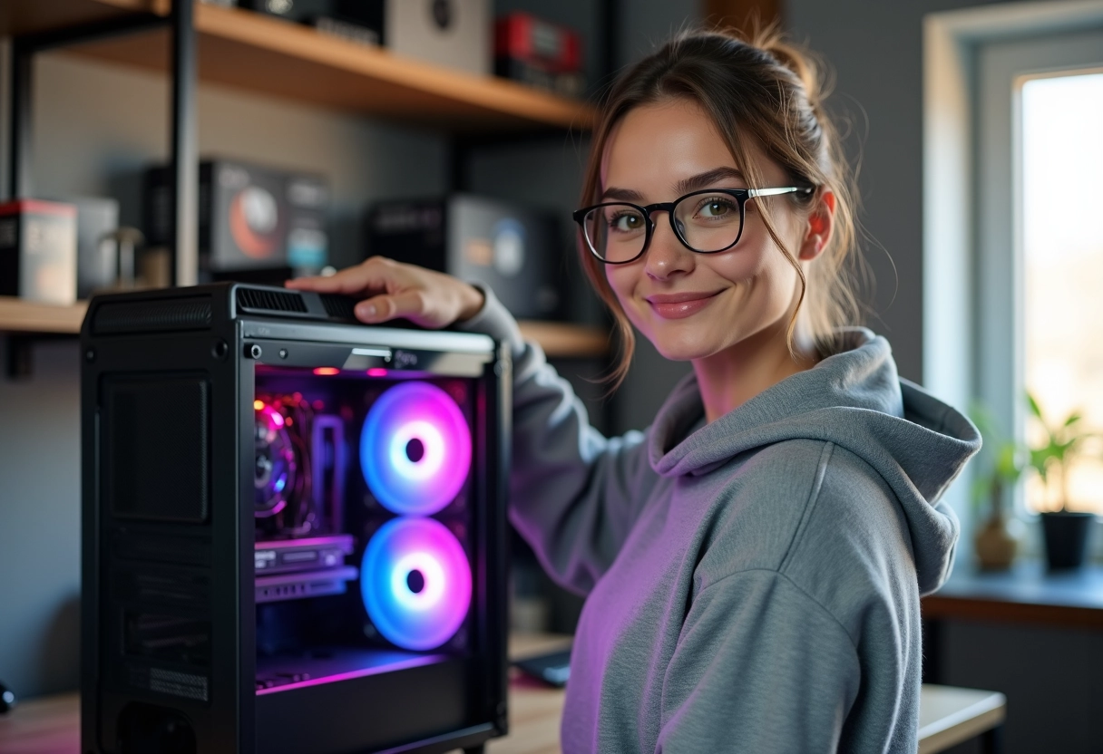 Femme montrant un PC avec refroidissement RGB dans un bureau