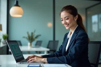Femme d'affaires confiante travaillant sur son ordinateur dans un bureau moderne