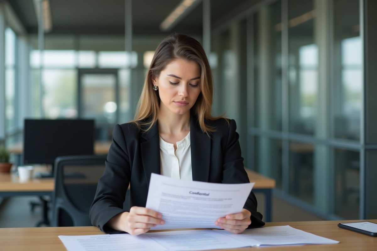 Femme professionnelle examinant des documents RGPD au bureau