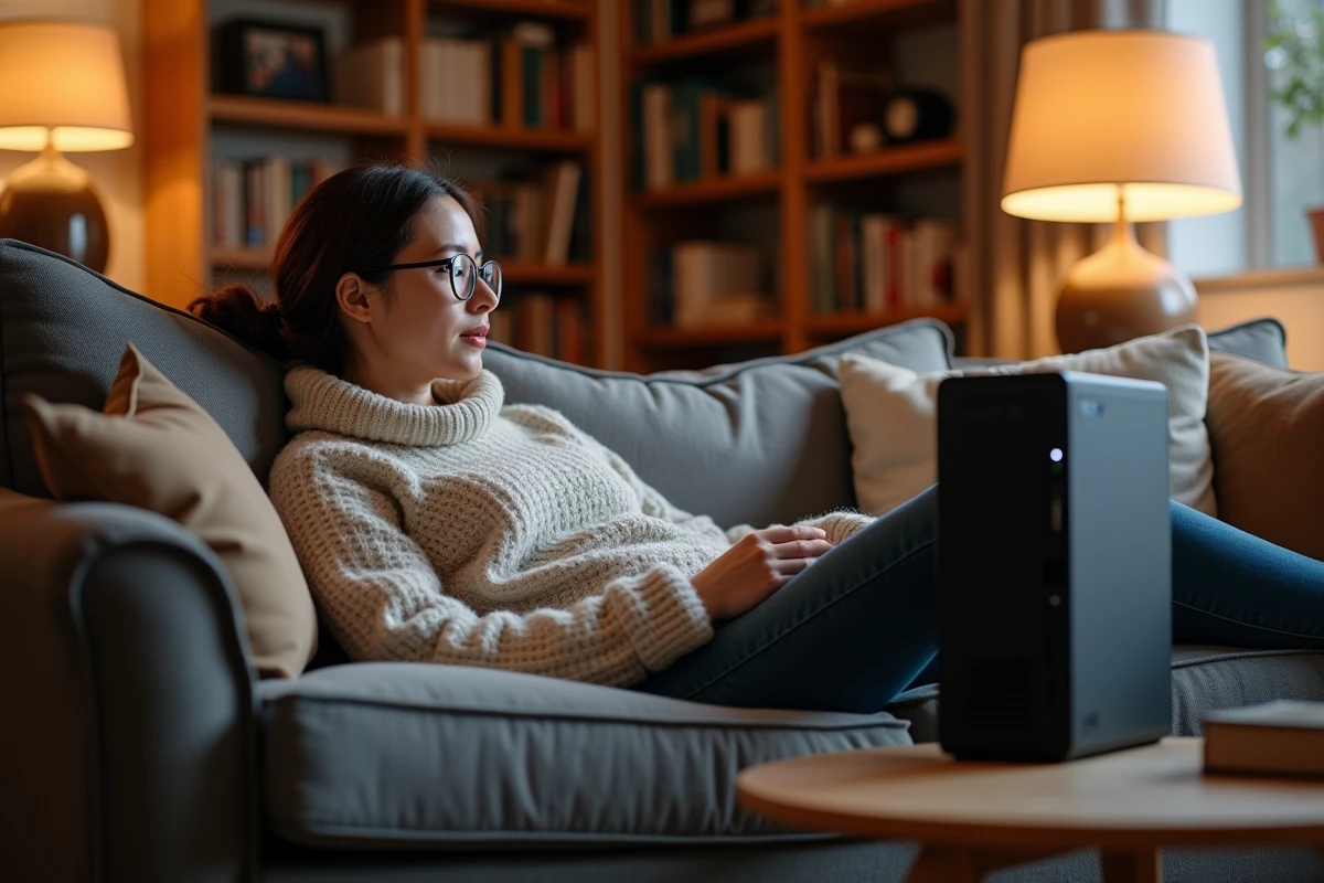 Femme détendue regardant un PC gaming dans le salon