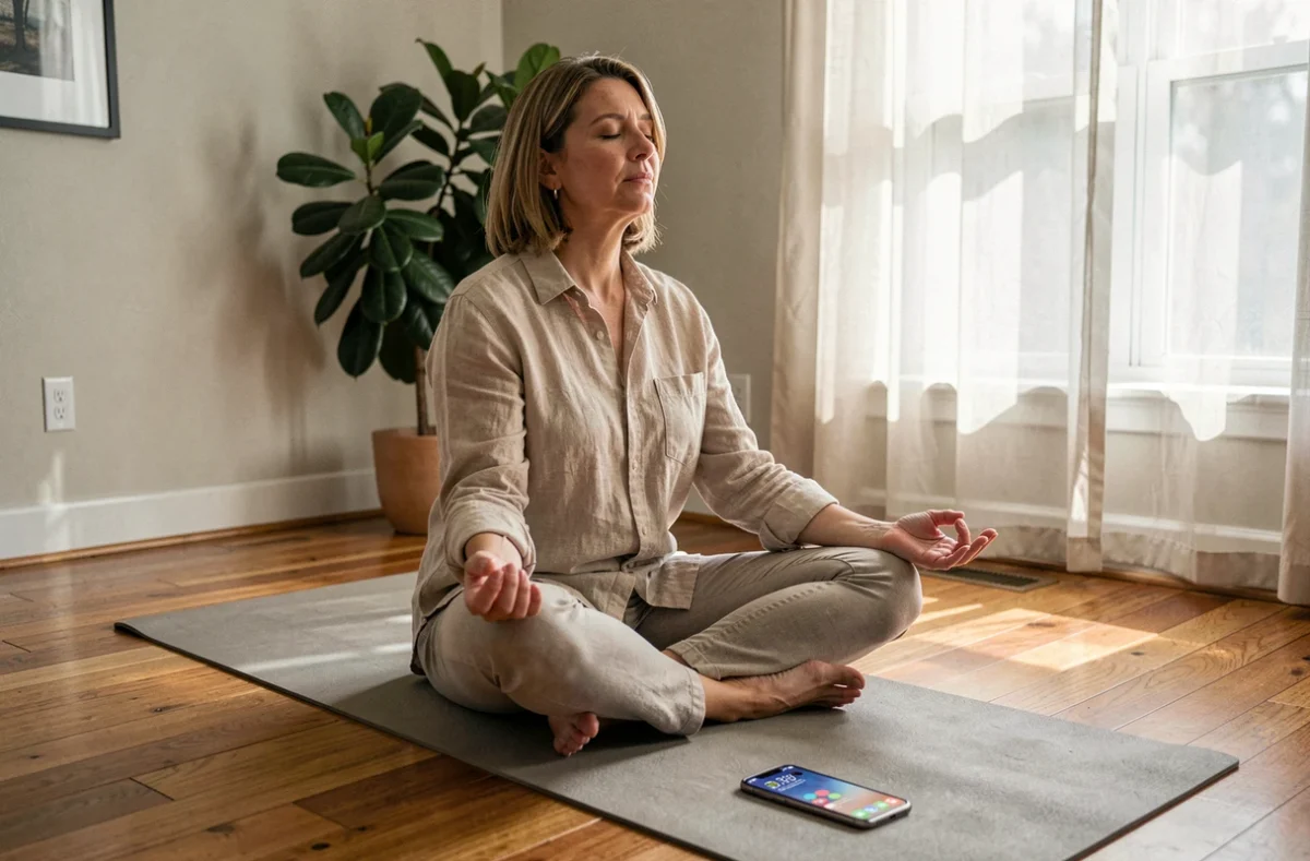 Femme en repos méditatif sur tapis de yoga avec alarme sieste configurée sur iPhone