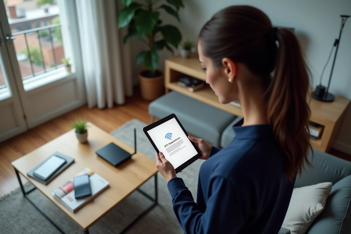 Femme près du routeur WiFi tenant une tablette avec erreur réseau