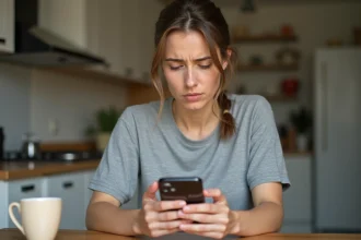 Femme tenant un téléphone Samsung avec une notification de stockage plein dans une cuisine moderne