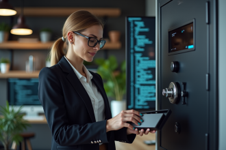 Femme plaçant un disque dur dans un coffre sécurisé