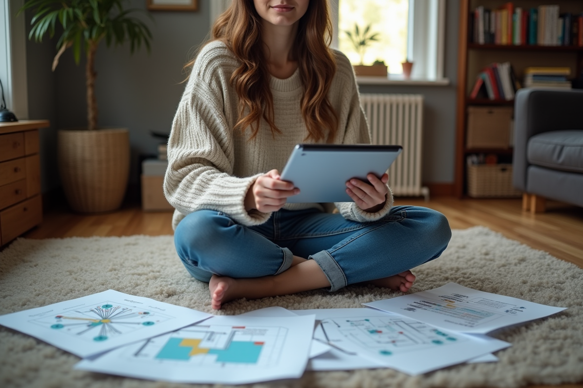 Jeune femme avec diagrammes reseau et tablette en interieur
