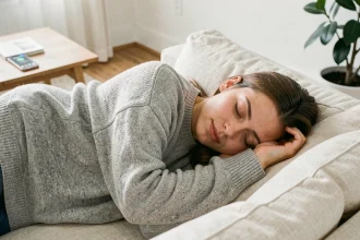 Jeune femme faisant une sieste sur un canapé avec son iPhone affichant une alarme